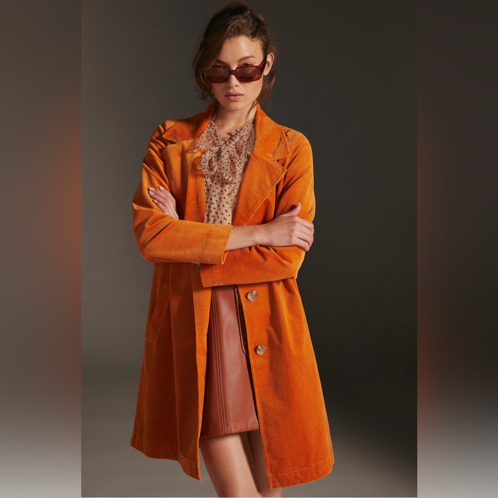 Anthropologie Orange Corduroy Long Coat